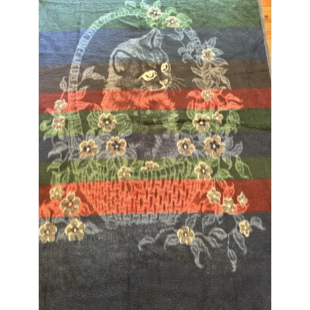 Vintage Kitten Cat Blanket Soft Plush Floral Throw Cottagecore 77x52 RARE